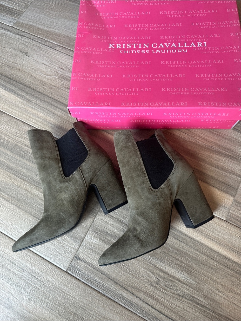 Kristin Cavallari Olive Suede Pointed Toe Block Heel Booties